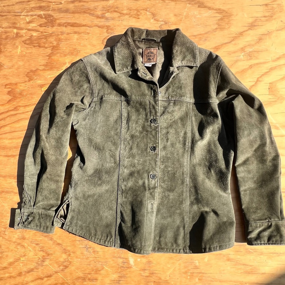 AMI Olive Green Suede LeatherShirt Jacket Womens Medium Button Front Satin Lined